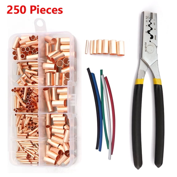 Audessy Wire Crimping Tool Kit with Crimper & Wire Stripper, 250 Pcs Premium Copper Butt Splice Connectors (7 Sizes), Electrical Heat Shrink Tubing Insulated Wire Terminals Connectors Kit for Car, Ho