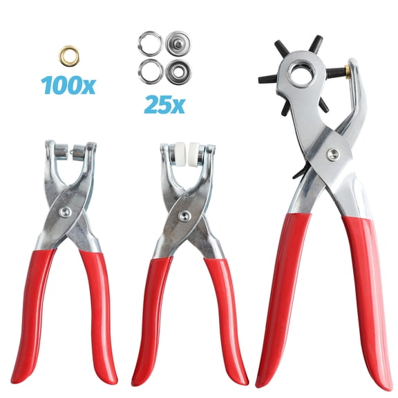 Audessy 3Pcs Revolving Hole Punch Plier, Eyelet Punch Tool Set, Leather Eyelet Tool for Paper, Leather, Card, Handbag and Shoes (25X Snap Button Set, 100X Eyelets)