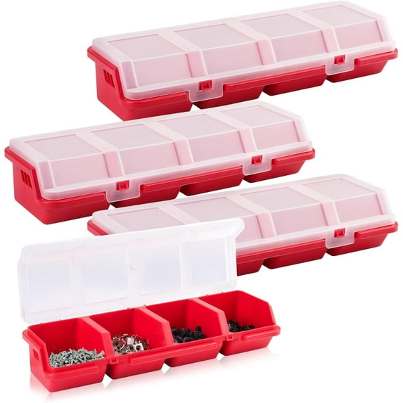 Audessy 4 Pack Screw Organizer Box with Lids, 4 Compartments Tool Bin Stackable Sorting Screw Toolbox for Garage Nails Hardware Workbench Organizing Storage, Red