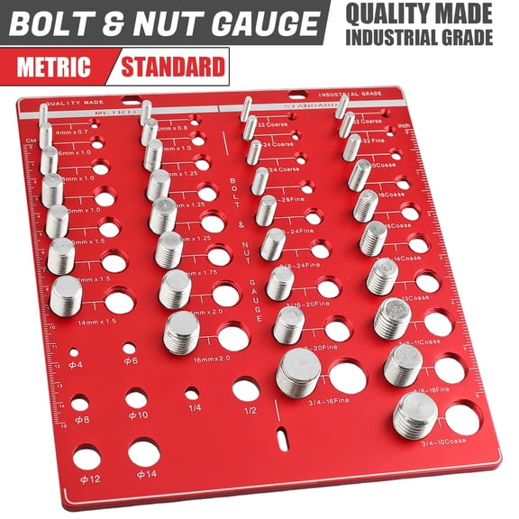 Audessy 42 Nut and Bolt Thread Checker, Bolt Size and Thread Gauge, 19 Standard & 15 Metric Sizes & 8 Drill Bit Gauge Bolt and Nut Identifier Gauge with Inch & CM Ruler Red