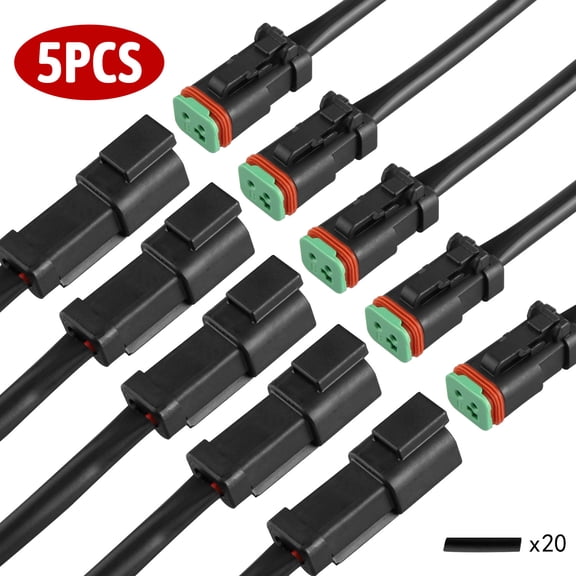 Audessy 5 Pairs Deutsch DT DTP 2 pin Male Female Wiring Harness, Automotive Electrical Connectors 16 AWG with Heat Shrink Tubing