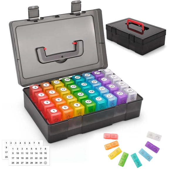 Audessy Monthly Pill Organizer 2 Times a Day, Colorful Pill Organizer with AM/PM Compartments, Large Medicine Box with 32 Daily Compartments