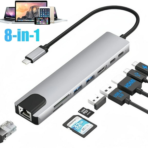 Audessy USB C Hub Ethernet HDMI Adapter, 8 in 1 Docking Station with 4K HDMI, RJ45 Ethernet, SD/TF Card Reader, USB 3.0/2.0, PD 100W, LAN USB-C Dongle for MacBook Pro/Air, iPad Pro, XPS, etc