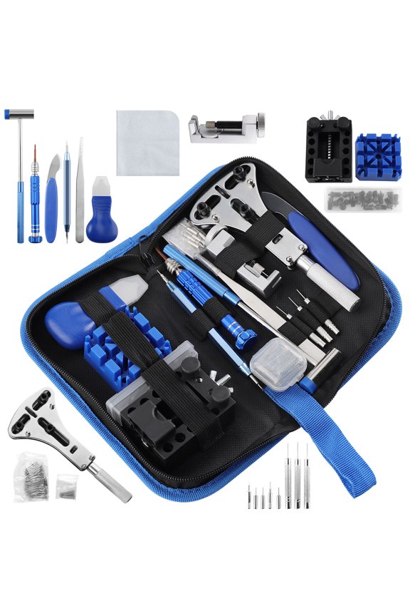 Watch Repair Kit, Professional Watch Battery Replacement and Band Resizing Tool with Back Case Opener, Spring Bar, Screwdrivers, Pins (Blue Bag)