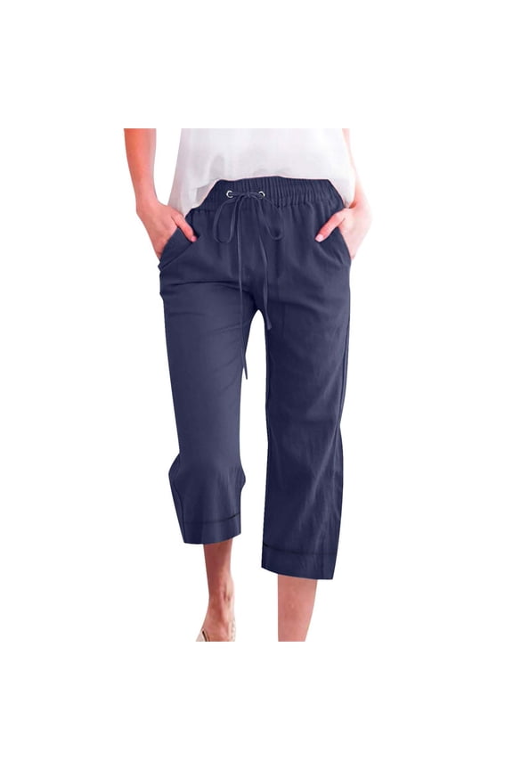 Baggy Pants Women's Fashion Casual Loose Drawstring Drawstring Solid Color Large Size Three Quarter Casual Pants Comfy Pants Women Navy 3XL