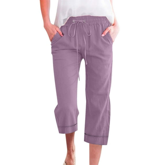 Audhol Baggy Pants Women's Fashion Casual Loose Drawstring Drawstring Solid Color Large Size Three Quarter Casual Pants Comfy Pants Women Purple 3XL