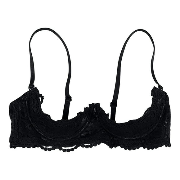 Balconette Bra, 1/4 Cup Bras for Women Underwire Lace Bra See Through Balconette Padded Bra Shelf Bra Tops Quarter Cup Bra Black L