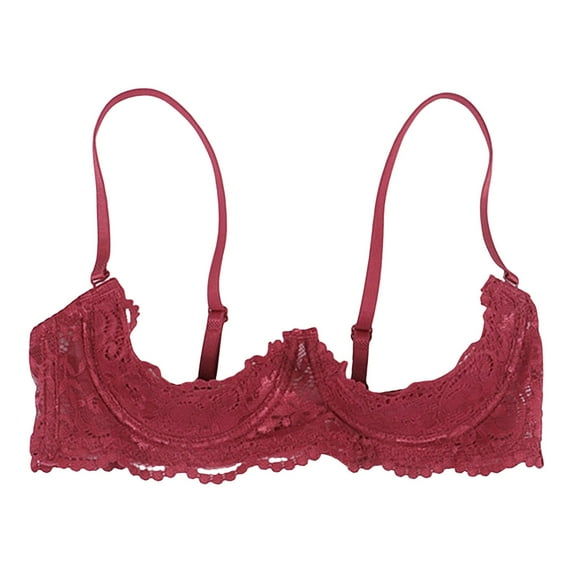 Audhol Balconette Bra, 1/4 Cup Bras for Women Underwire Lace Bra See Through Balconette Padded Bra Shelf Bra Tops Quarter Cup Bra Red M