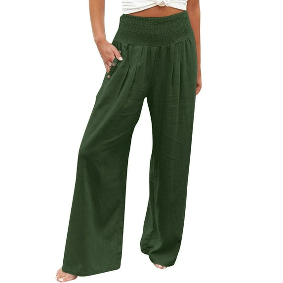 Audhol Beach Pants for Women, Linen Wide Leg Pants Women Summer Casual Drawstring Elastic High Waist Trousers Beach Trendy Palazzo Pant Trousers with Pockets Gauze Pants Green 3XL