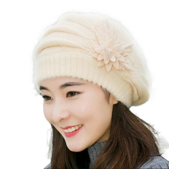 Audhol Beanie for Women Fashion Womens Flower Knit Crochet Beanie Hat Winter Warm Cap Beret Winter Beanie Beige One Size
