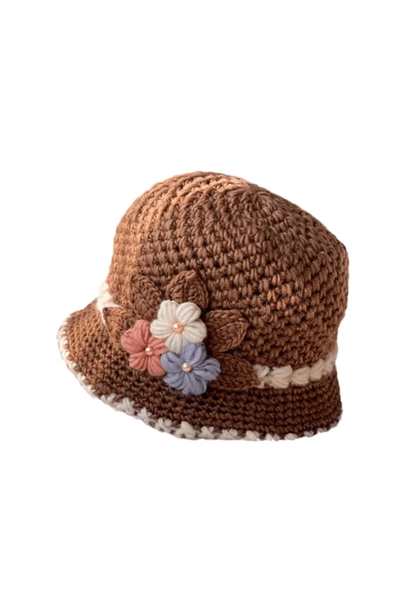 Berets French Thicken Women's Flowers Knitted Woolen Hat Warm and Windproof Knitted Crochet Flower Knitting Hat Hat Khaki One Size