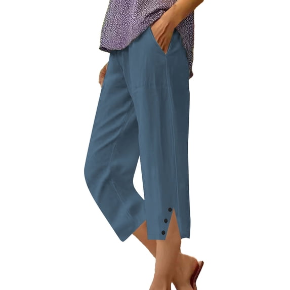 Audhol Capri Linen Pants for Women, 2025 Pants for Women Casual Summer Elastic High Waist Linen Pant Straight Leg Cropped Trouser Linen Capri Pants for Women Blue 3XL