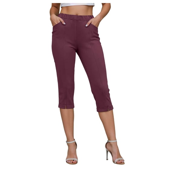 Audhol Capri Pants for Women, Pants for Women Elastic Waisted Summer Yoga Work Cropped Trousers with Pockets Womens Yoga Pants Purple M