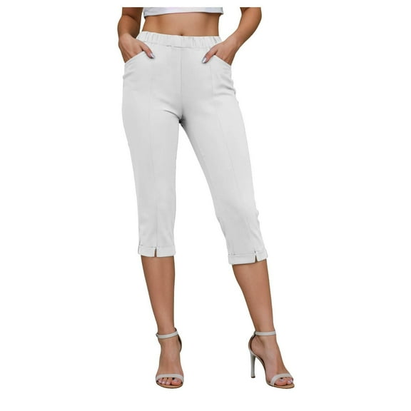 Audhol Capri Pants for Women, Pants for Women Elastic Waisted Summer Yoga Work Cropped Trousers with Pockets Womens Yoga Pants White M