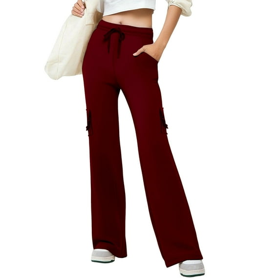 Audhol Cargo Yoga Pants for Women, Ladies' Fashionable Casual Button Side Pocket Drawstring Elastic Waistband Yoga Pants Yoga Pants Wine 4XL