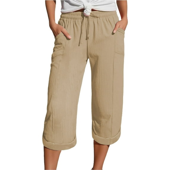Audhol Casual Capri Pants for Women, Linen Trousers Women's Summer 3/4 Muslin Trousers Causal Loose Trousers Elastic Comfortable Fabric Trousers Sport Leisure Beach Womens Capri Pants Khaki 5XL