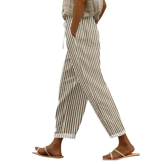 Audhol Casual Pants Women Women's Printed Everyday Casual Drawstring Pants Stripe Pants Women Khaki XL