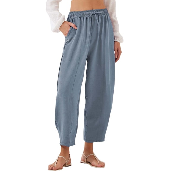 Audhol Casual Pants for Women Women's Summer High Waisted Baggy Pants Casual Ankle Length Trouser Slacks with Pockets Comfy Pants Women Blue2 XL