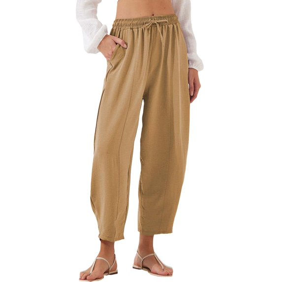 Audhol Casual Pants for Women Women's Summer High Waisted Baggy Pants Casual Ankle Length Trouser Slacks with Pockets Comfy Pants Women Khaki S