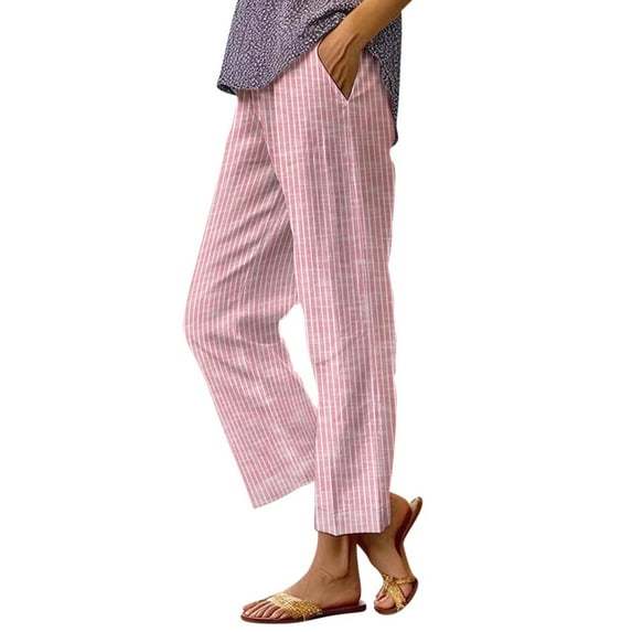 Audhol Cotton Linen Pants Women, Striped Pants for Women High Waisted Wide Leg Cotton Linen Trendy Beach Pull on Elastic Waist Casual Flowy Pants Striped Linen Pants Women Hot Pink 5XL