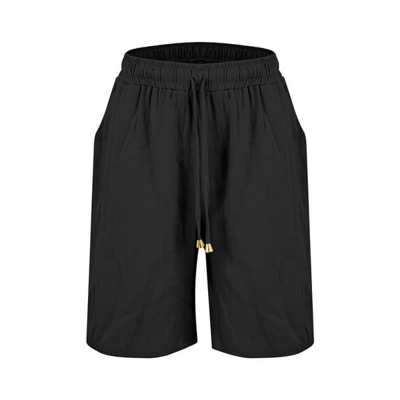 Audhol Cotton Linen Shorts for Women, Womens Casual Solid Side Pockets Pants Shorts Elastic Waist Pockets Daily Mid Long Shorts High Waisted Linen Shorts Women Black L