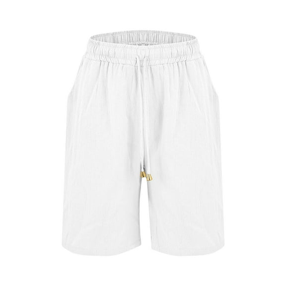 Audhol Cotton Linen Shorts for Women, Womens Casual Solid Side Pockets Pants Shorts Elastic Waist Pockets Daily Mid Long Shorts High Waisted Linen Shorts Women White L
