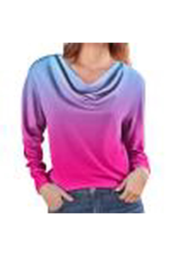 Cowl Neck Tops for Women, Ladies' Gradient Printed Casual Comfortable Long Sleeve Swing Collar Top T Shirt Drape Neck Tops for Women Purple 2XL