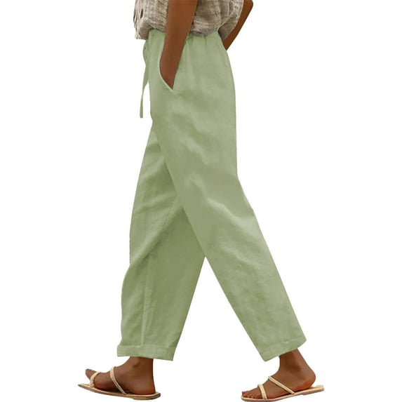 Audhol Crop Pants for Women, Women Solid Straight Solid Elastic Pants Long Linen Women Waist Cotton Casual Slit Trouser Legs Pants Ladies Pants Casual Mint Green XL