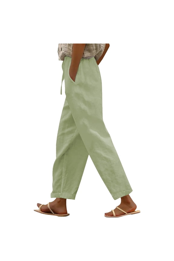Crop Pants for Women, Women Solid Straight Solid Elastic Pants Long Linen Women Waist Cotton Casual Slit Trouser Legs Pants Ladies Pants Casual Mint Green 3XL