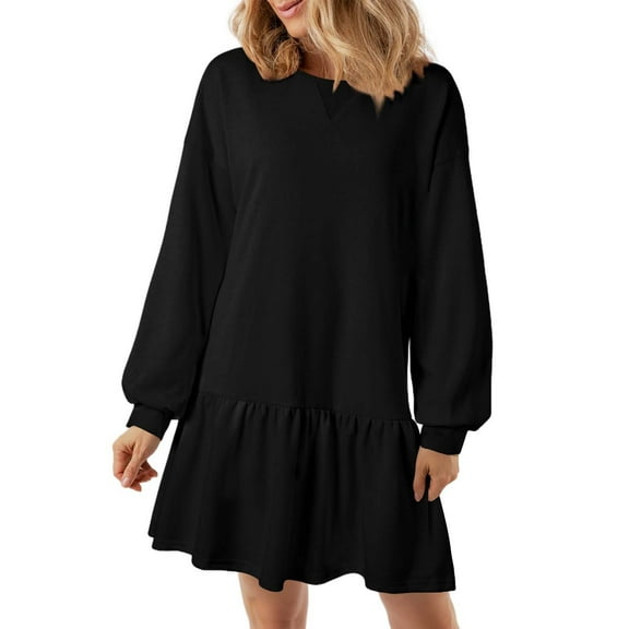 Audhol Dresses for Women Womens 2024 Fall Long Sleeve Pullover Tops Crewneck Rib Knit Sweatshirt Dress Casual Dresses Womens Dresses Black M