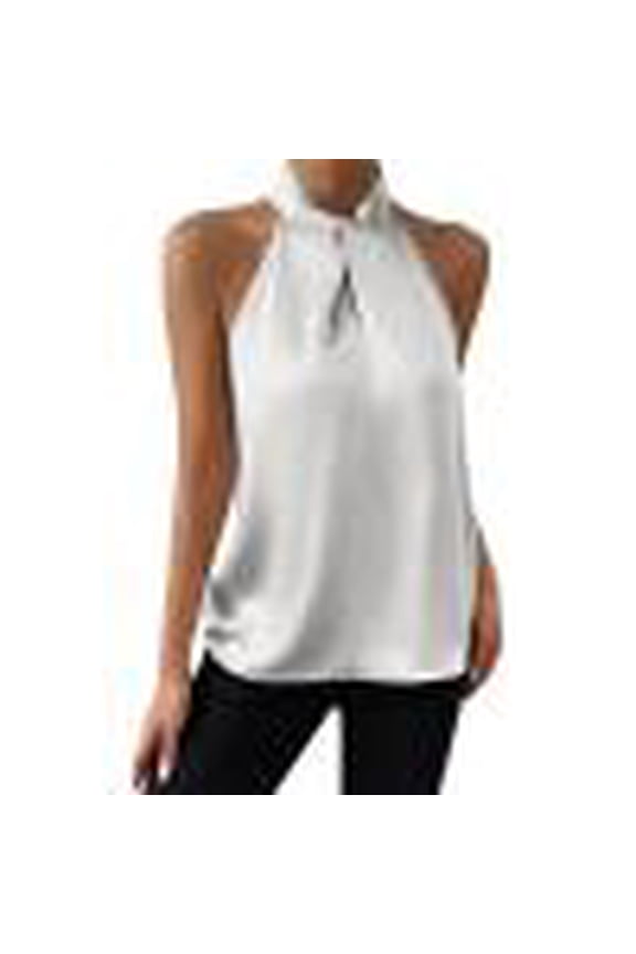 Dressy Halter Tops for Women, Womens Elegant Front Sleeveless Satin Blouse Keyhole Back Tank Top formal Halter Tops for Women White S