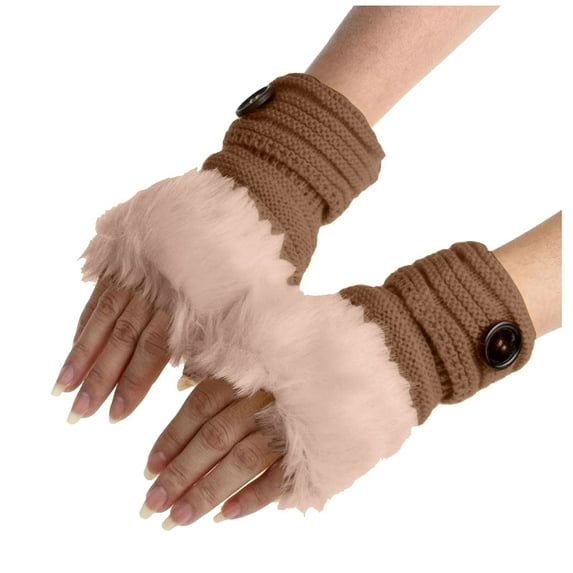 Audhol Fingerless Gloves Women Girl Warm Winter Faux Rabbit Plush Wrist Fingerless Gloves Mittens Warm Gloves for Women Khaki One Size
