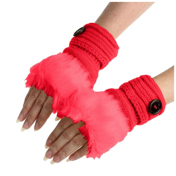 Audhol Fingerless Gloves Women Girl Warm Winter Faux Rabbit Plush Wrist Fingerless Gloves Mittens Warm Gloves for Women Red One Size
