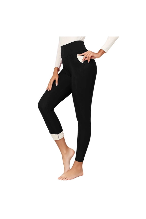 Fleece Lined Leggings Women Women's Winter No Itchy Line Lamb Fleece Thickened Belly Firming Autumn/Winter Warm Pockets Base Layer Yoga Pants High Waisted Fleece Lined Leggings Women Black L