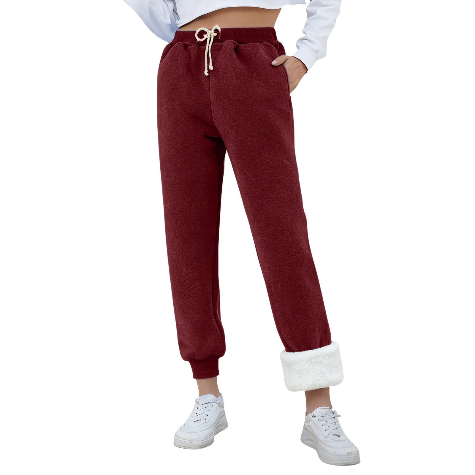 Fleece Patchwork Sweatpants Women Warm Cozy Chic Grey Spring Ready Elastic Waist