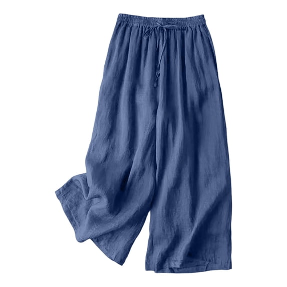 Audhol Flowy Pants for Women Women's Summer Palazzo Pants Wide Leg Cotton Linen Beach Drawstring Elastic Waist Trousers with Pockets Wide Leg Linen Pants Woman Dark Blue L