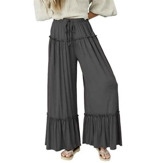 Audhol Flowy Pants for Women, Women's Elastic High Waist Wide Leg Beach Loose Pants Ruffle Pants Women Dark Gray S