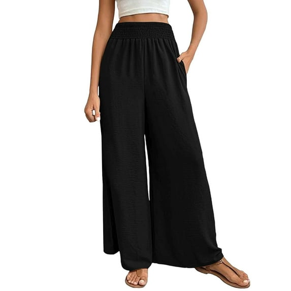 Audhol Gaucho Pants for Women, Women's Textured Elastic High Waisted Wide Leg Pants with Flared Design Simple and Elegant Temperament Commuting Casual Pants Womens Culottes Black L