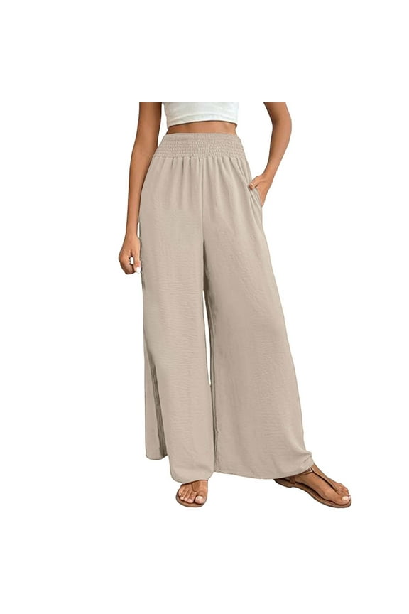 Gaucho Pants for Women, Women's Textured Elastic High Waisted Wide Leg Pants with Flared Design Simple and Elegant Temperament Commuting Casual Pants Womens Culottes Beige L