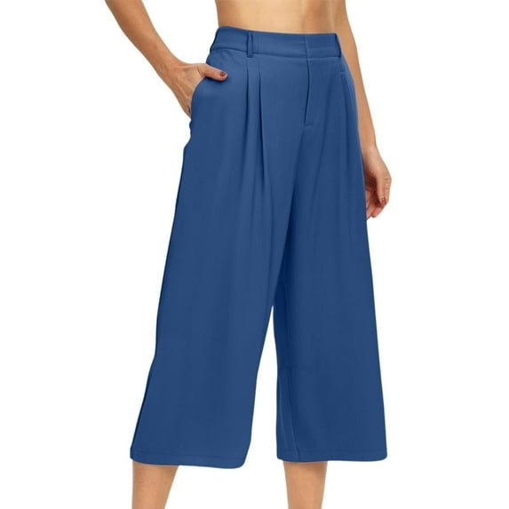 Audhol Gaucho Pants for Women, Womens Wide Leg Barrel Pants Elastic High Waisted Side Pocket Palazzo Trousers Business Work Casual Pants Capri Wide Leg Pants for Women Blue S