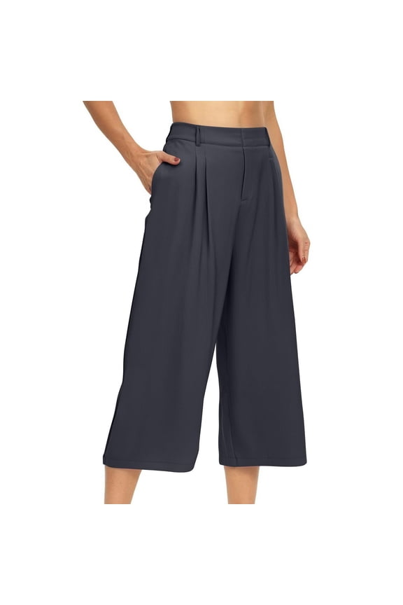Gaucho Pants for Women, Womens Wide Leg Barrel Pants Elastic High Waisted Side Pocket Palazzo Trousers Business Work Casual Pants Capri Wide Leg Pants for Women Grey L