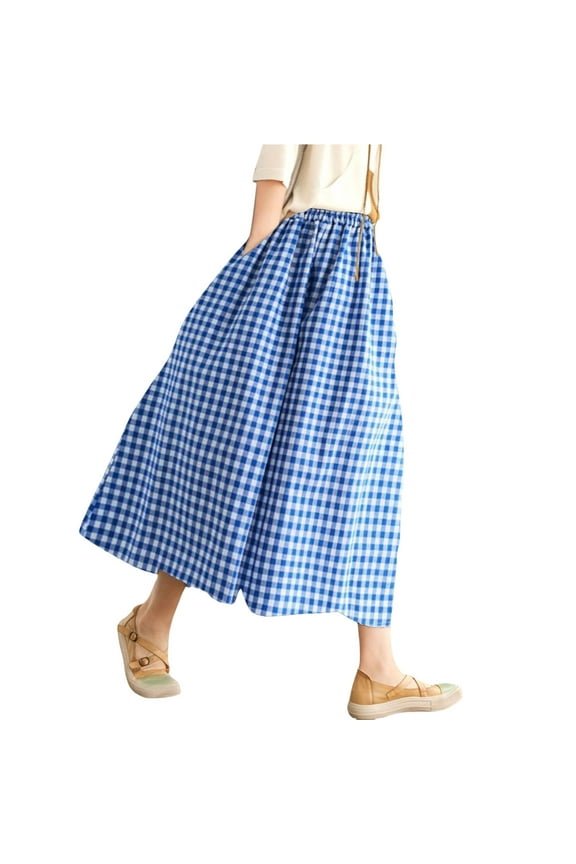 Gingham Pants, Women's Cotton Linen Pants Elastic Waist Plaid Wide Leg Pants Culottes for Women Blue L