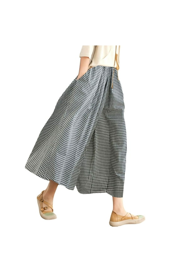 Gingham Pants, Women's Cotton Linen Pants Elastic Waist Plaid Wide Leg Pants Culottes for Women Dark Gray 3XL