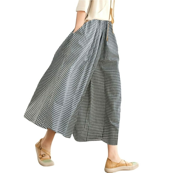 Audhol Gingham Pants, Women's Cotton Linen Pants Elastic Waist Plaid Wide Leg Pants Culottes for Women Dark Gray L