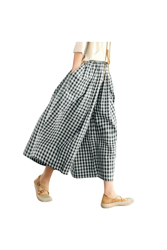 Gingham Pants, Women's Cotton Linen Pants Elastic Waist Plaid Wide Leg Pants Culottes for Women Grey 2XL