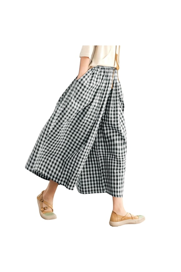 Gingham Pants, Women's Cotton Linen Pants Elastic Waist Plaid Wide Leg Pants Culottes for Women Grey 3XL