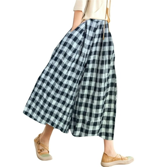 Audhol Gingham Pants, Women's Cotton Linen Pants Elastic Waist Plaid Wide Leg Pants Culottes for Women White 5XL