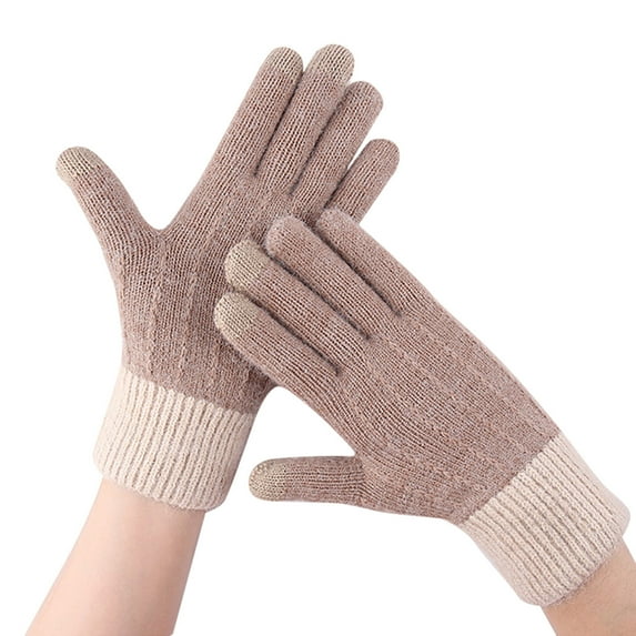 Audhol Gloves Winter Jacquard Mesh Gloves Women'S Knitted Plus Velvet Thickened Autumn And Winter Warm Pattern Gloves (Adult Gloves) Touchscreen Non-Slip Gloves Khaki One Size
