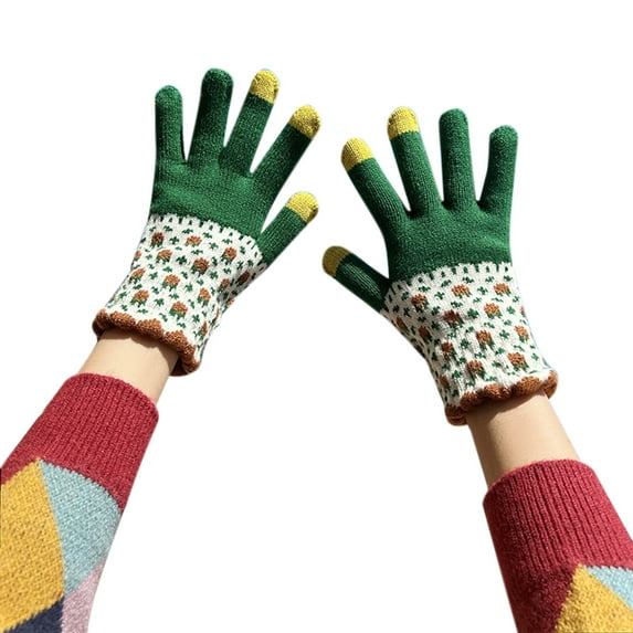 Audhol Gloves Winter Jacquard Mesh Gloves Women'S Knitted Plus Velvet Thickened Autumn And Winter Warm Pattern Gloves (Adult Gloves) Touchscreen Non-Slip Gloves Green One Size