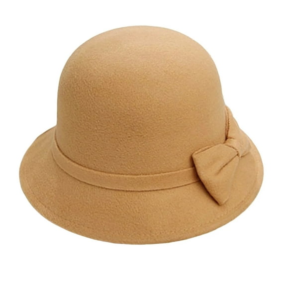 Audhol Hats for Women Solid Color Wide Brim Round Dome Warm Woolen Hat Women Autumn Winter Elegant Bowknot Decor Fedora Hat Daily Wear Hat Khaki One Size